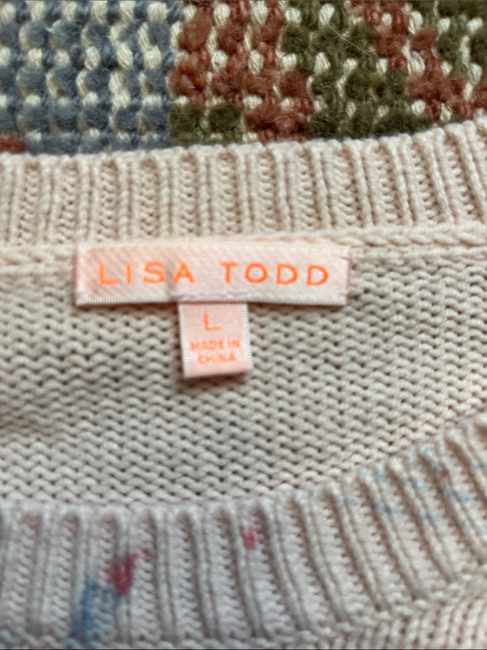 Lisa Todd Boundaries Crewneck Sweater Size L Pink Cream Paint Splatter Knit EUC - Picture 3 of 7